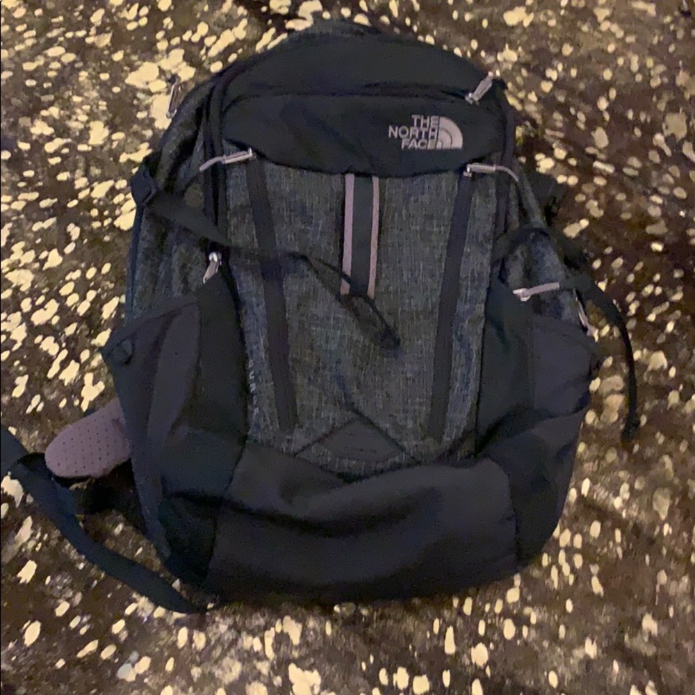 The North Face grey and purple backpack